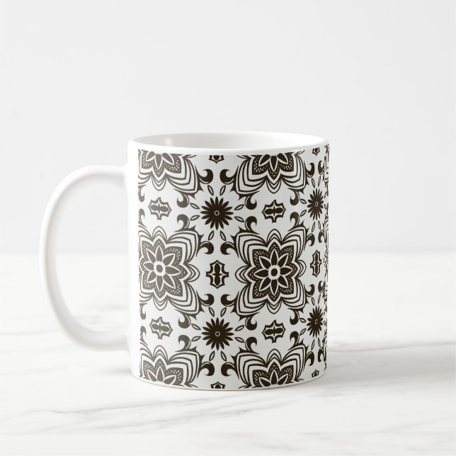 Caneca De Café Padrão Floral Geométrico Preto e Branco (Esquerda)