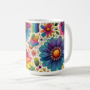 Caneca De Café Padrão Floral Hippie Arco-Íris Retrô