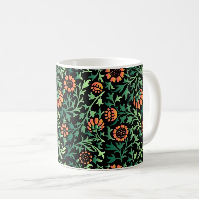 Caneca De Café Padrão Floral Intricado com Folhas Verdes (Frente Esquerda)