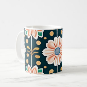 Caneca De Café Padrão Floral Laranja num Fundo Preto