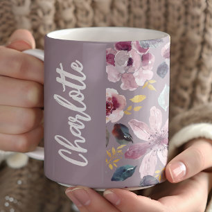 Caneca De Café Padrão Floral Lilás Monograma