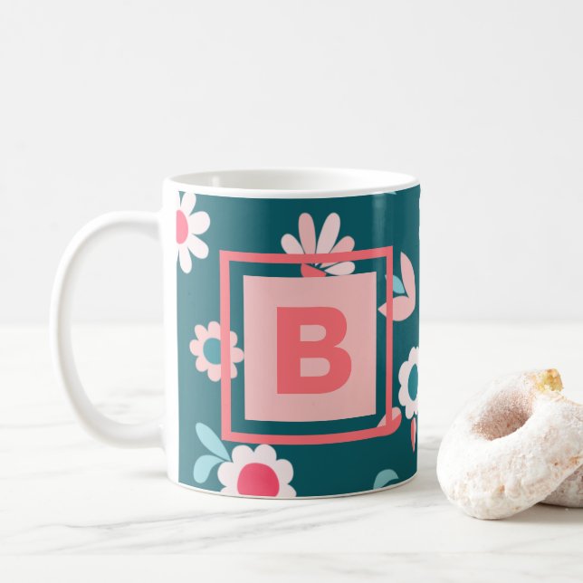 Caneca De Café Padrão Floral Moderno, Rosa e Teal, Monograma Cuto (Com Donut)