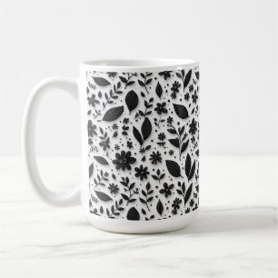 Caneca De Café Padrão Floral Monocromático Com Folhas E Flores