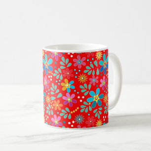 Caneca De Café Padrão floral multicolorido brilhante retrô anos s