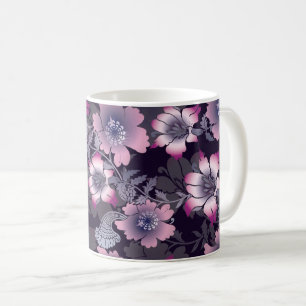 Caneca De Café Padrão Floral Planta Botânica Preta de Fundo