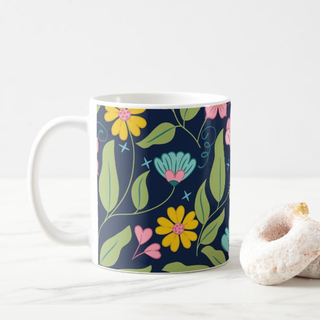Caneca De Café Padrão Floral primavera no Azul Escuro (Com Donut)
