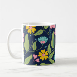 Caneca De Café Padrão Floral primavera no Azul Escuro