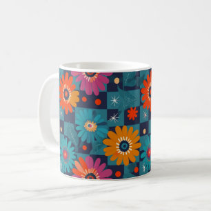 Caneca De Café Padrão Floral Retro Vibrante com Praças Teais