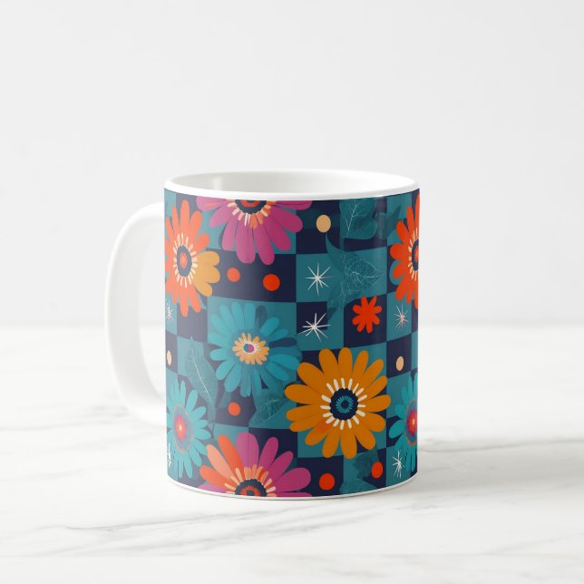 Caneca De Café Padrão Floral Retro Vibrante com Praças Teais (Frente Esquerda)