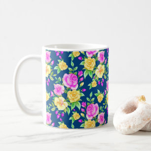 Caneca De Café Padrão Floral Rosa Amarelo-Cor-de-Rosa Elegante