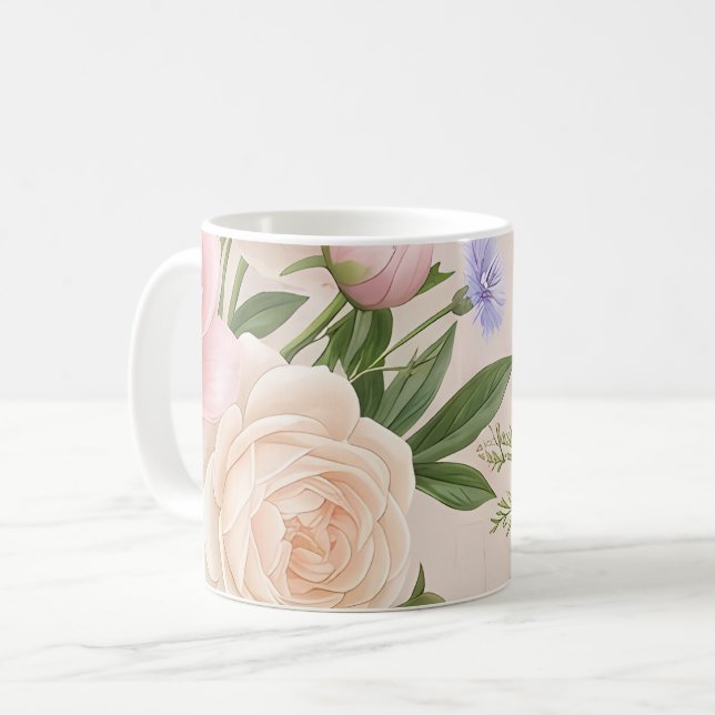 Caneca De Café Padrão Floral Rosa de Romance Rosado (Frente Esquerda)