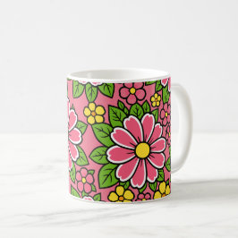 Caneca De Café Padrão Floral Rosa e Amarelo com Folhas Verdes