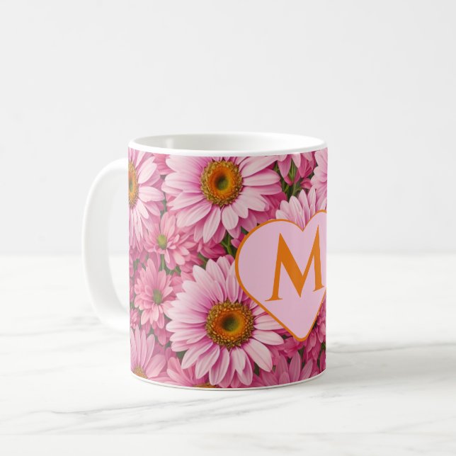 Caneca De Café Padrão floral rosa retrô de margarida (Frente Esquerda)