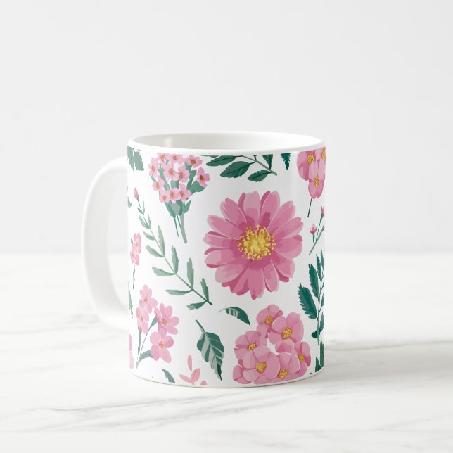 Caneca De Café Padrão Floral Rosa Vibrante com Verde Lush (Frente Esquerda)