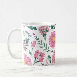Caneca De Café Padrão Floral Rosa Vibrante com Verde Lush