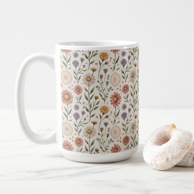Caneca De Café Padrão Floral Sem Costura com Remendo de Flores Si (Com Donut)