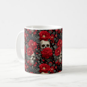 Caneca De Café Padrão Floral Sem Costura de Corvo Gótico e Caveir