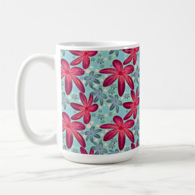 Caneca De Café Padrão Floral Sem Costura Rosa e Azul (Esquerda)
