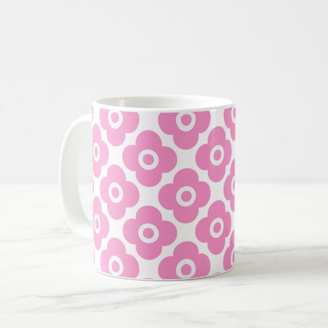 Caneca De Café Padrão floral simples rosa e branco (Frente Esquerda)