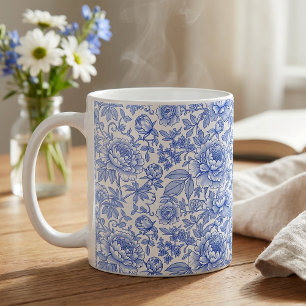 Caneca De Café Padrão Floral Toile Azul Botânico Clássico