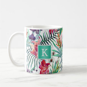 Caneca De Café Padrão Floral Tropical Brilhante com Monograma