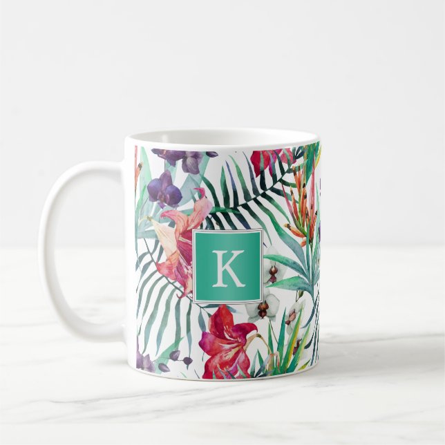 Caneca De Café Padrão Floral Tropical Brilhante com Monograma (Esquerda)
