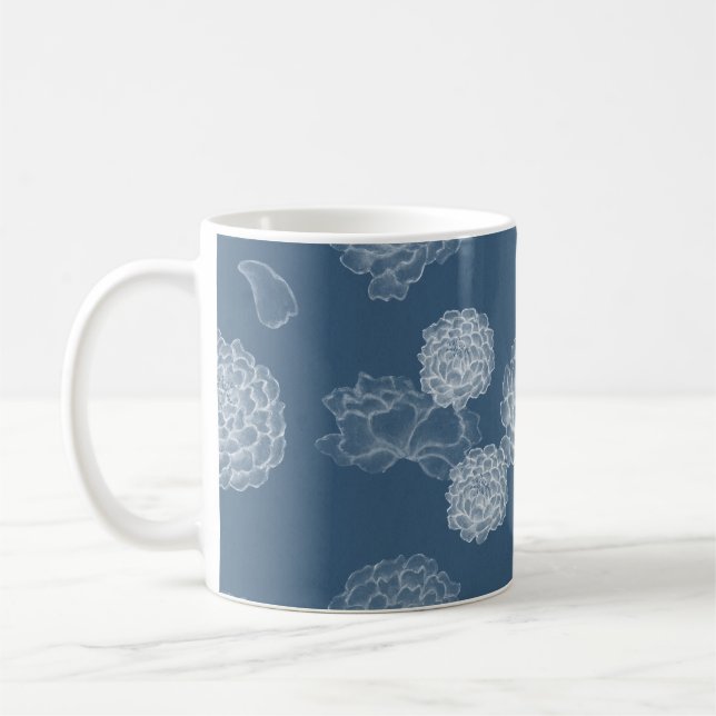 Caneca De Café Padrão floral uniforme de Peony Azul (Esquerda)