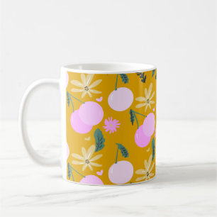 Caneca De Café Padrão Floral Verde Cerejeira Amarelo Rosa