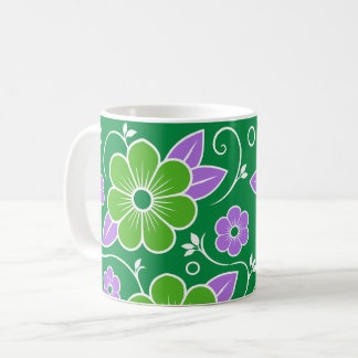 Caneca De Café Padrão Floral Verde e Roxo Decorativo