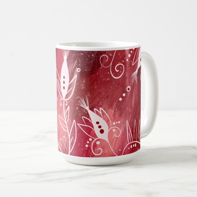 Caneca De Café Padrão Floral Vermelho (Frente Esquerda)