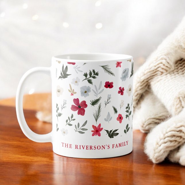 Caneca De Café Padrão floral vermelho-vermelho do Natal elegante (Elegant Christmas Red Green floral pattern Coffee Mug)