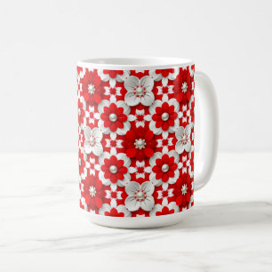 Caneca De Café Padrão Floral Vibrante em Vermelho e Branco com Pé