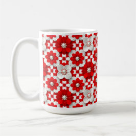 Caneca De Café Padrão Floral Vibrante em Vermelho e Branco com Pé