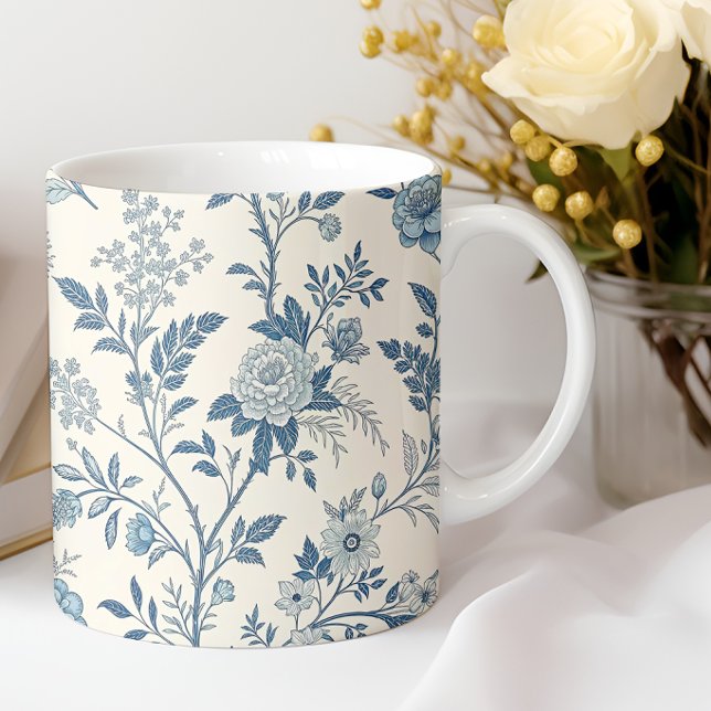 Caneca De Café Padrão Floral Vintage Azul (Criador carregado)