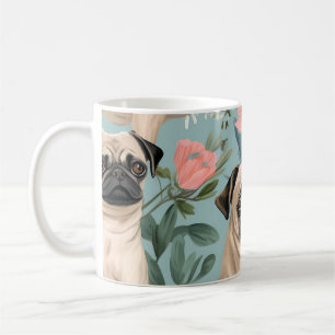 Caneca De Café Padrão Floral Vintage Pug Cachorro Botânico Fofo