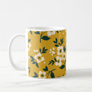 Caneca De Café Padrão floral vítreo, pequenas flores brancas.