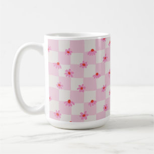 Caneca De Café Padrão Floral Xadrez de Margarida Rosa Suave