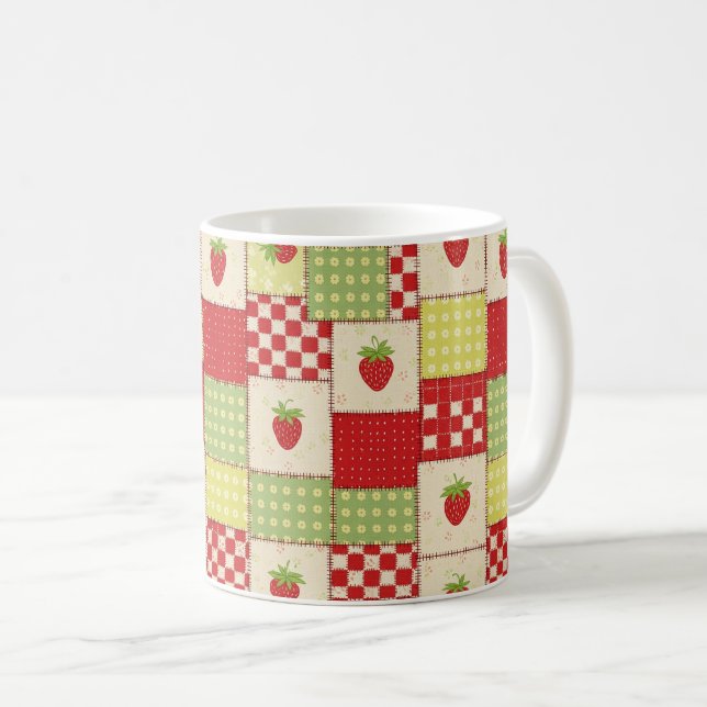Caneca De Café Padrão Floral Xadrez de Morango de Casa de Campo (Frente Esquerda)