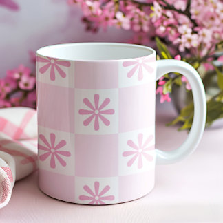 Caneca De Café Padrão Floral Xadrez Rosa Retro