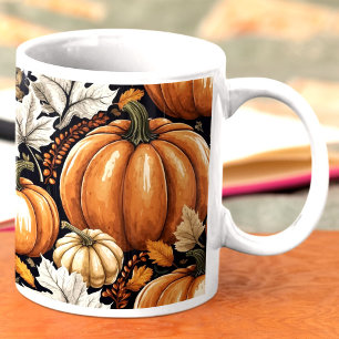 Caneca De Café Padrão Foliar Rustic Autumn Fall Pumpkins