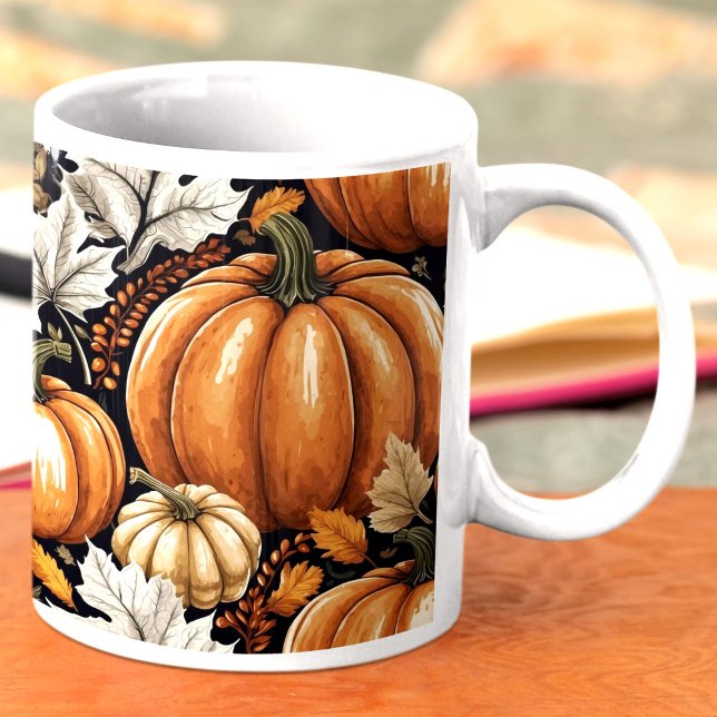 Caneca De Café Padrão Foliar Rustic Autumn Fall Pumpkins (Criador carregado)