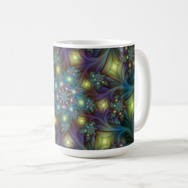 Caneca De Café Padrão Fratural azul-roxo iluminado (Frente Esquerda)