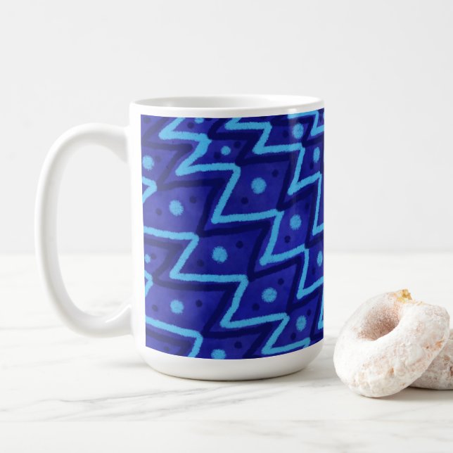 Caneca De Café Padrão Funky de Pontos Zig Zags Azuis (Com Donut)
