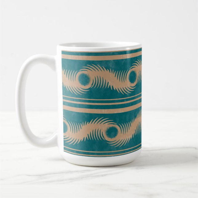Caneca De Café Padrão Geométrico de Espiral Teal e Caramelo risca (Esquerda)