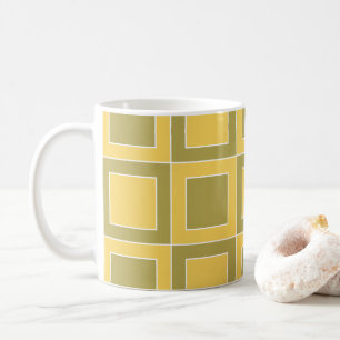 Caneca De Café Padrão Geométrico de Quadrados Verde Amarelo