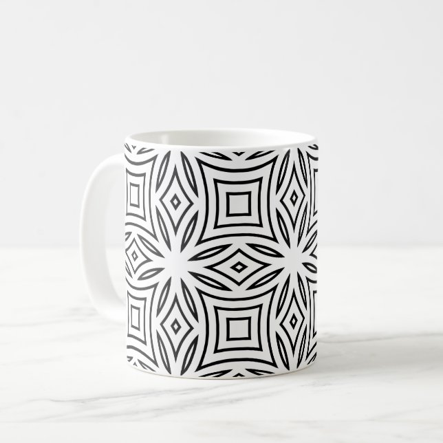 Caneca De Café Padrão geométrico floral preto e branco (Frente Esquerda)