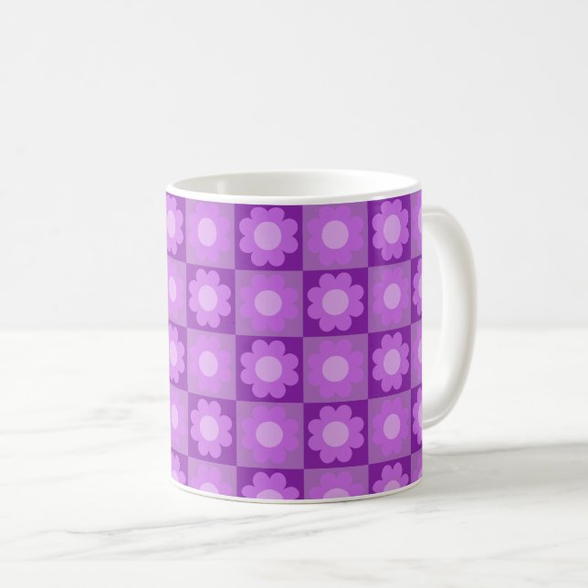 Caneca De Café Padrão Geométrico Floral Roxo (Frente Esquerda)