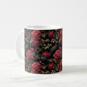 Caneca De Café Padrão Gótico com Rosas vermelhas e Corvos