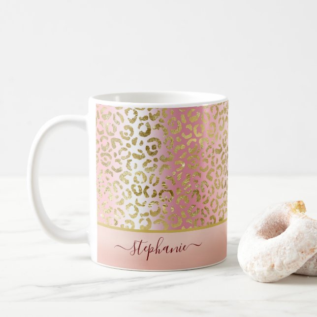 Caneca De Café Padrão-Leopardo Dourado do Ombre Rosa Glam Persona (Com Donut)