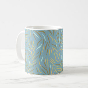 Caneca De Café Padrão Moderno Azul de Folhas Amarelas
